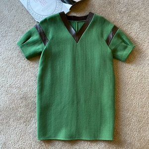 Green Wool V Neck Shoulder Leather Inset Shift Side Pocketsm Dress